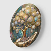 Golden Robot Hand Holding Gold Tree Of Life ラージ壁時計 (傾斜)