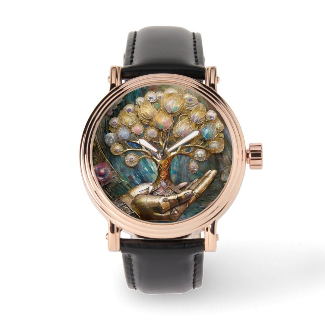 Golden Robot Hand Holding Gold Tree Of Life 腕時計 (正面)