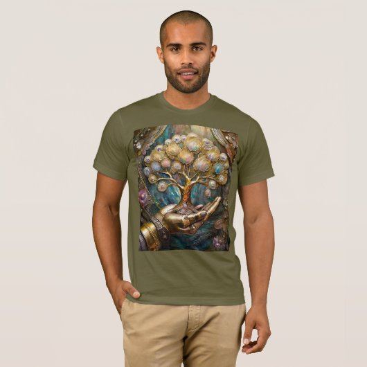 Golden Robot Hand Holding Gold Tree Of Life Tシャツ (正面フル)