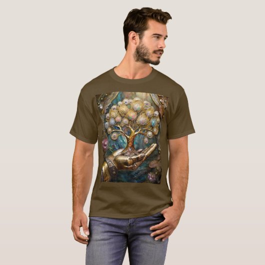Golden Robot Hand Holding Gold Tree Of Life Tシャツ (正面フル)
