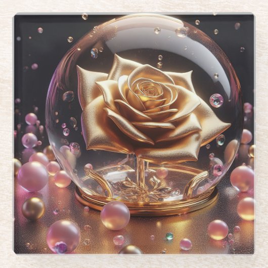Golden rose in a globe ガラスコースター (正面)