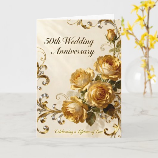 Golden Roses 50th Wedding Anniversary カード (黄色い花)