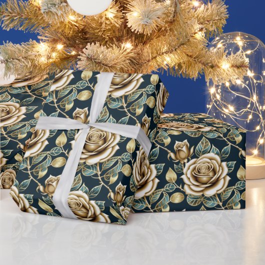 Golden Roses With a Metallic Finish ラッピングペーパー (クリスマス)