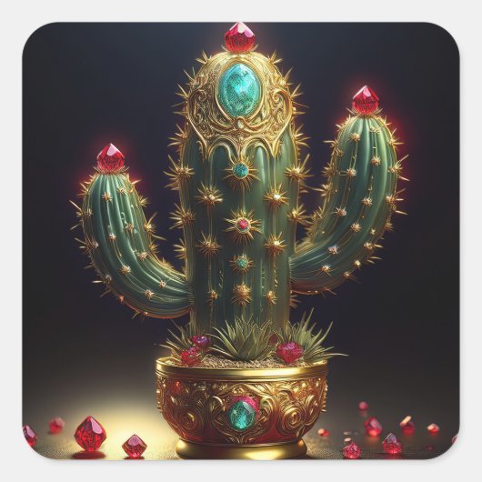 Golden Saguaro Cactus With Embedded Rubies スクエアシール (正面)
