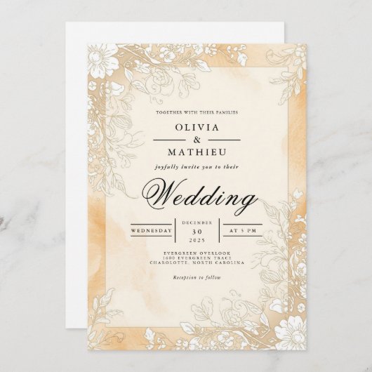Golden Sepia Flourish Wedding 招待状 (正面/裏面)