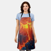 Golden Skyline: Radiant City Sunset Art エプロン (着用した状態)