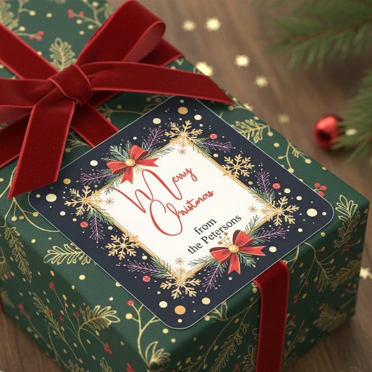 Golden Snowflakes Family Christmas Holiday スクエアシール