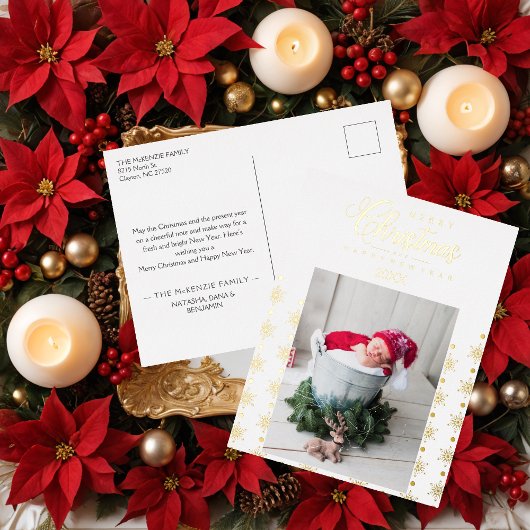 Golden Snowflakes Merry Christmas Photo Baby 箔シーズンポストカード