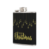 Golden Snowflakes with Christmas Quote on Black フラスク (左)