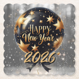 Golden Sparkle New Year Balloon with 2026 Glow ペーパーコースター