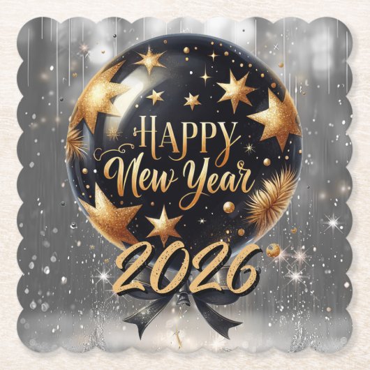 Golden Sparkle New Year Balloon with 2026 Glow ペーパーコースター (正面)