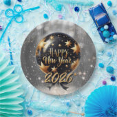 Golden Sparkle New Year Balloon with 2026 Glow ペーパープレート (パーティー)