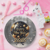 Golden Sparkle New Year Balloon with 2026 Glow ペーパープレート (パーティー)