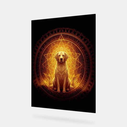 Golden Spirit Dog within Sacred Geometry アクリルサイン (傾斜)