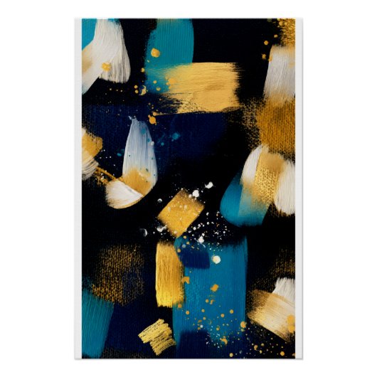 Golden Splash Abstract — Navy Blue & Gold Textured ポスター (正面)