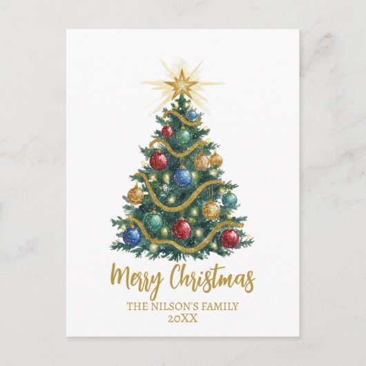 Golden Star watercolor Christmas Tree Card シーズンポストカード (正面)