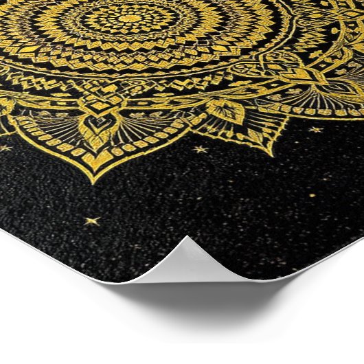 Golden Starburst Mandala on Black ポスター (角)