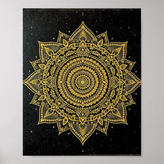 Golden Starburst Mandala on Black ポスター (正面)