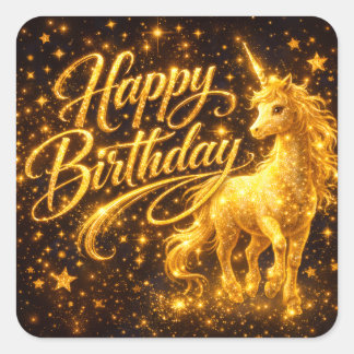 Golden Stardust Birthday — Fantasy Unicorn スクエアシール