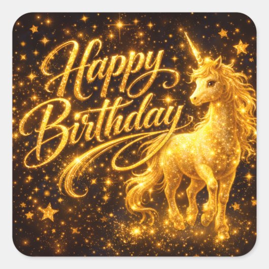 Golden Stardust Birthday — Fantasy Unicorn スクエアシール (正面)