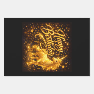 Golden Stardust Birthday — Fantasy Unicorn ラッピングペーパーシート