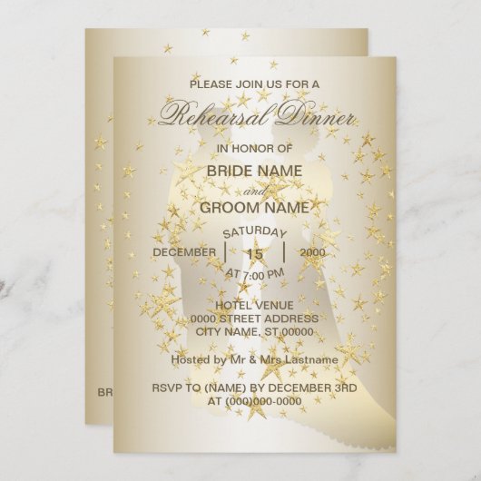 Golden Stars Bride And Groom Rehearsal Dinner 招待状 (正面/裏面)