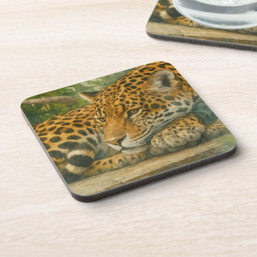 Golden Stillness – Resting Leopard in Foliage コースター (左側)