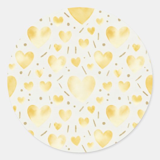 Golden Sunbeam Watercolor & Glitter Heart Pattern ラウンドシール (正面)