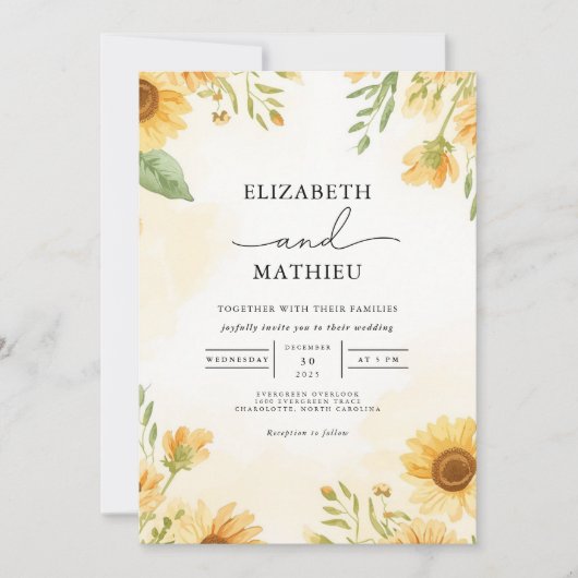 Golden Sunflower Floral Vista Wedding 招待状 (正面)
