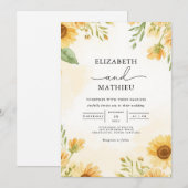 Golden Sunflower Floral Vista Wedding 招待状 (正面/裏面)