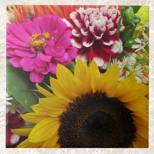 Golden Sunflower Pink Dahlia and Purple Zinnia タイル