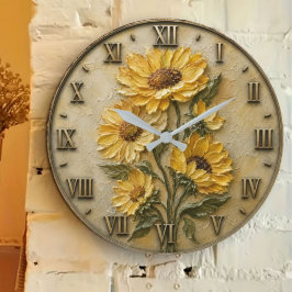 Golden Sunflower Rustic Botanical Farmhouse Decor ラージ壁時計