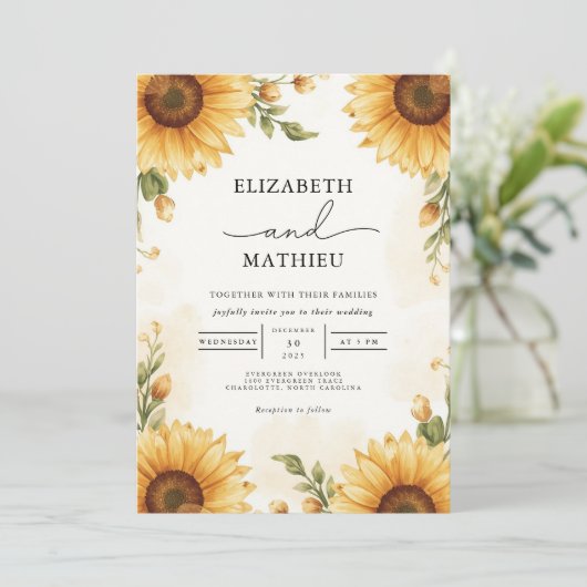 Golden Sunflower Rustic Romance Wedding 招待状 (スタンド正面)