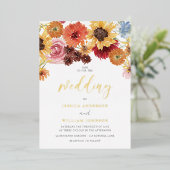 Golden Sunflowers Summer Floral Wedding Gold 箔招待状 (立ち正面)