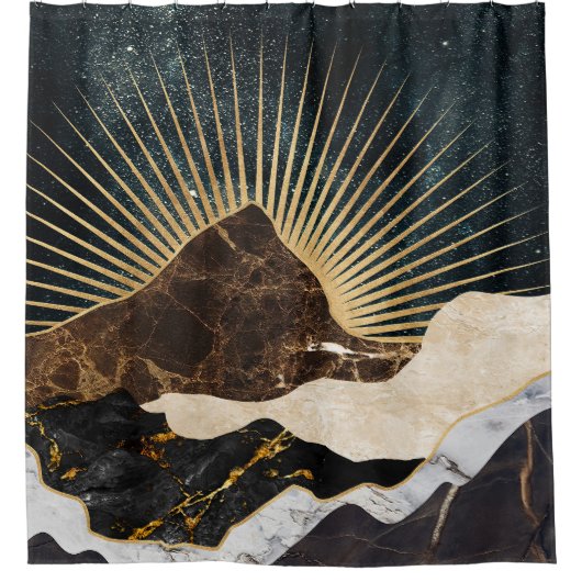 Golden Sunrise Over Marble Mountains & Starry Sky シャワーカーテン (正面)