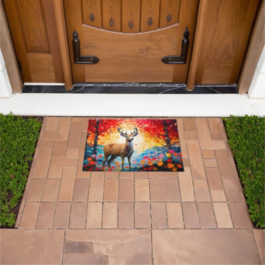 Golden Sunset Floral Fall Forest Deer ドアマット (室外)