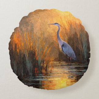 Golden Sunset Heron Autumn Watercolor Pillow ラウンドクッション
