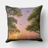 Golden Sunset Ocean Beach Landscape with Trees クッション (裏面)