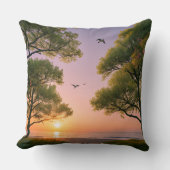 Golden Sunset Ocean Beach Landscape with Trees クッション (正面)