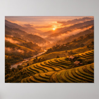 Golden Sunset Rice Terraces Poster ポスター