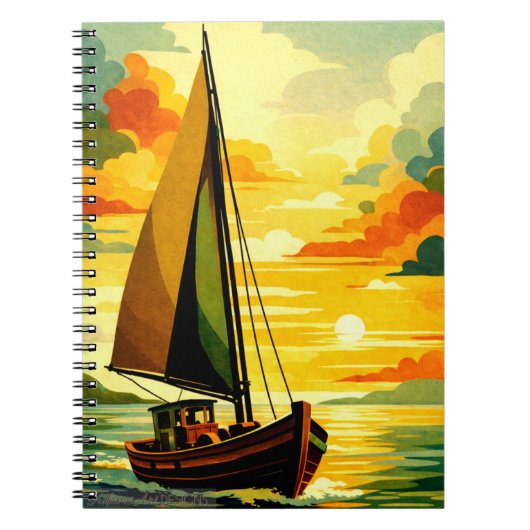 Golden Sunset Sailboat Vintage Art ノートブック (正面)