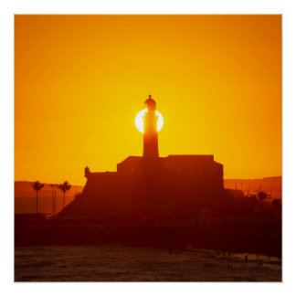 Golden Sunset Silhouette of Farol da Barra Salvado ポスター