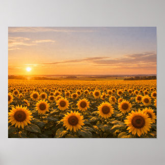 Golden Sunset Sunflower Field Poster ポスター