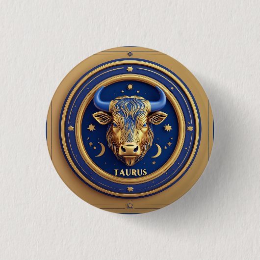 Golden Taurus Bull In Cosmic Zodiac Circle 缶バッジ (正面)