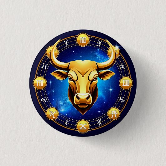 Golden Taurus Bull In Cosmic Zodiac Circle 缶バッジ (正面)