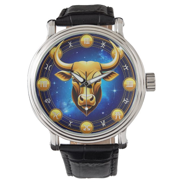 Golden Taurus Bull In Cosmic Zodiac Circle 腕時計 (正面)