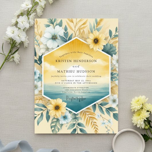 Golden Teal Coastal Wedding 招待状