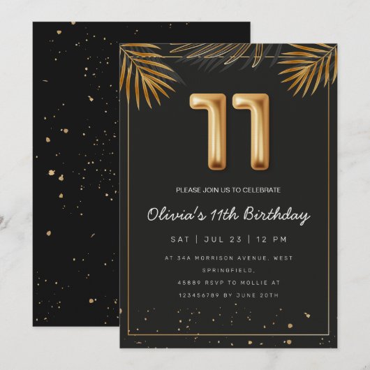 Golden Tropical Palm Leaves 11th Birthday 招待状 (正面/裏面)