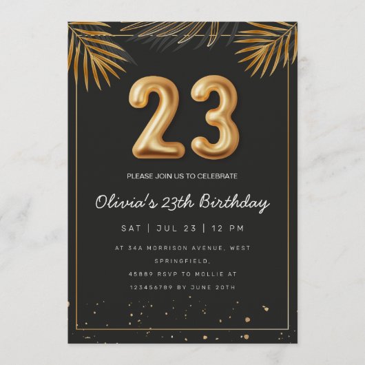 Golden Tropical Palm Leaves 23th Birthday  招待状 (正面)