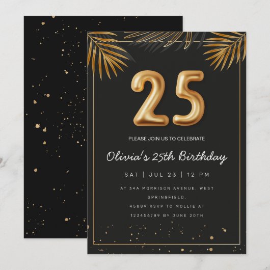 Golden Tropical Palm Leaves 25th Birthday 招待状 (正面/裏面)